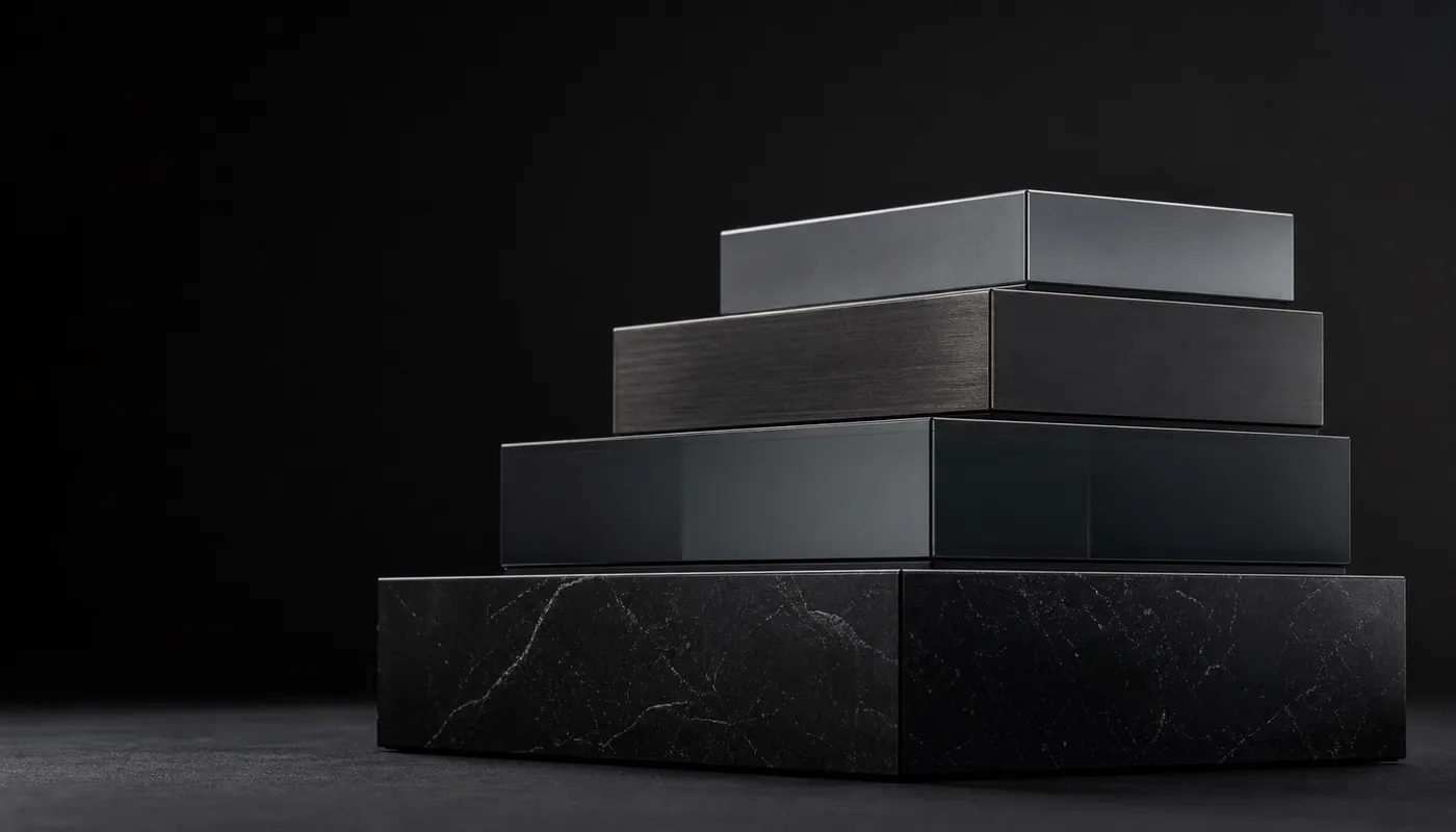 Estrutura arquitetônica em quatro níveis de obsidiana, vidro e metal